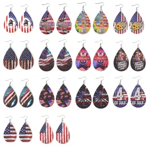 Amerikanischer Unabhängigkeitstag US-Flagge Stars Stripes PU-Leder Tränenohrringe Doppelseitig Bedruckt Edelstahl Sonnenblume Kreuz Herz Ohrhänger Für Damen