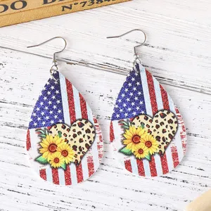 Unabhängigkeitstag amerikanische Flagge Sonnenblume PU Leder Tropfen Ohrringe für Damen design