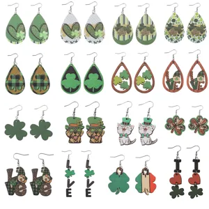 St. Patrick's Day Glückskleeblatt Ohrringe PU Leder Holz Geometrische Hänger Ohrringe Grün Irische Festliche Party Ohrringe Für Damen Schmuck