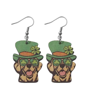 St. Patrick's Tag grüne Kleeblatt Hund Holz Ohrringe festliche Mode Schmuck für Damen