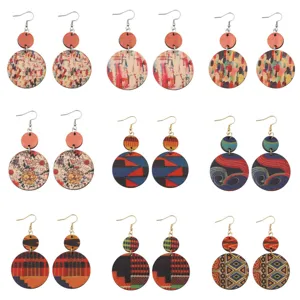 Boho Holz Ohrringe Für Damen Edelstahl Haken Handbemalt Geometrisch Kreis Künstlerisches Muster Retro Schmuck