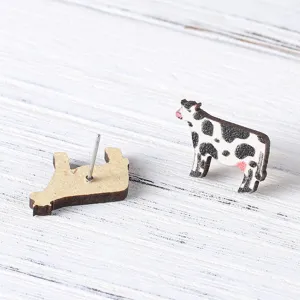 Süße hölzerne Kuh Ohrringe mit schwarz-weißen Tiermotiven für den täglichen Freizeitlook.