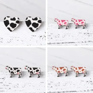 Süße Holz Edelstahl Kuhdruck Ohrstecker Western-Cowboy Herz Tier Muster Ohrschmuck Für Damen Party Täglich