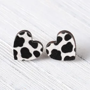 Süße Kuhflecken Herz Holz Ohrstecker für Damen, trendiger Western Cowboy Holzethno Schmuck.