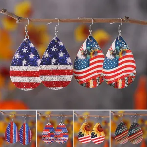 Patriotische PU Leder Tränenform Ohrringe Für Damen Amerikanische Flagge Stern Sonnenblume Bedruckte Ohrhänger Unabhängigkeitstag Schmuck