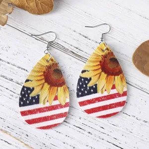 Modische Amerikanische Flagge Sonnenblume PU Leder Tropfen Ohrringe fuer Damen Schmuck