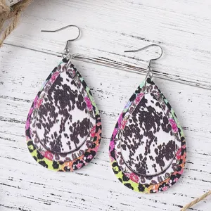Retro Kuhmuster Blumen Leo verstaerkte PU Leder Tropfen Ohrringe fur Damen Schmuck.