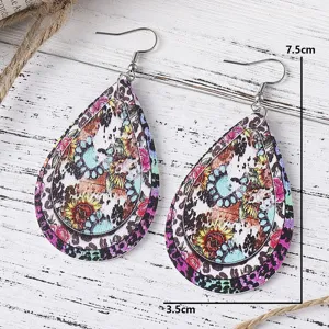 Retro Boho Tropfen Ohrringe Kuhmuster Türkis Sonnenblume PU Leder Hängeohrring Schmuck Damen