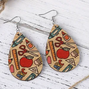 School theme wooden teardrop earrings with cute stationery patterns for teachers.