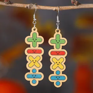 Longues Boucles d'Oreilles Pendantes en Bois Symboles Mathématiques Visage Souriant Impression Double Face Bijoux Mode Pour Femmes