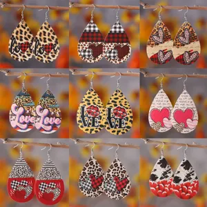 Pendientes de Lágrima de Cuero PU del Día de San Valentín para Mujer Estampado de Leopardo a Doble Cara Corazón Letra Love Regalo