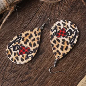 Pendientes colgantes de cuero PU con estampado de leopardo y corazón de San Valentín europeo