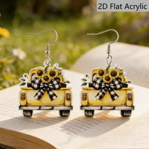 Acrylic Sunflower Truck Pendant Earrings Cute Bow Floral Drop Earrings Fashion Novelty Jewelry For Women