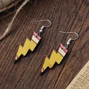 Wooden pencil and lightning shape detailed drop earring close up product showcase view.
