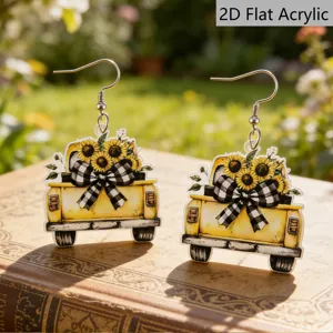 Sunflower pickup truck acrylic dangle earrings, cute floral drop earrings for women.