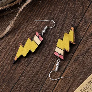 Wooden lightning shape dangle earrings with stylish print design, retro aesthetic jewelry for women