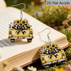 Sunflower yellow truck acrylic drop earrings, cute autumn floral dangle earrings for women.
