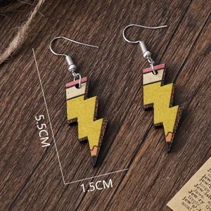 Double-sided wooden lightning pencil earrings with leopard print, retro style fashion jewelry.