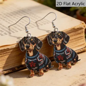 Jolies boucles d'oreilles en acrylique plate 2D chien teckel avec pull au quotidien.