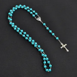 Blue faux pearl rosary necklace with silver crucifix, long sweater chain for men and women.