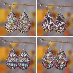 Retro PU Leder Tropfen Ohrringe Für Frauen Doppelseitig Bedruckt Leopardenmuster Sonnenblume Gestreift Bohemian Hängende Ohrringe