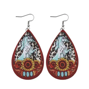 Westliche Retro Tropfen Ohrringe PU Leder Leopardenmuster Sonnenblume Türkis Damen Schmuck