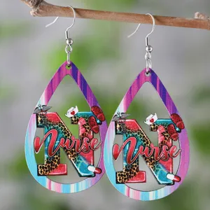 Western Leopard Print Wooden Waterdrop Hollow Pendant Earrings Stainless Steel Earring Post International Nurses Day Double Sided Printed Ear Ornaments Gift For Women