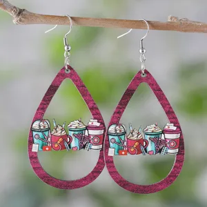 Wooden teardrop earrings with nurse medical coffee theme, lightweight dangling jewelry gift.