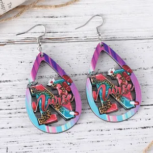 Nurse themed teardrop wooden earrings with leopard print letter N and medical elements.