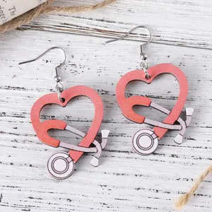 Boucles d'oreilles stéthoscope cœur en bois pour infirmière, bijoux médicaux double face.
