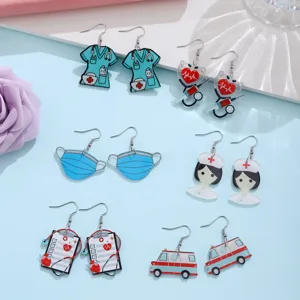Cute medical theme acrylic dangle earrings featuring nurse scrubs stethoscope and ambulance.