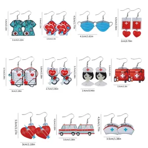 Nurse theme acrylic earrings detail chart with dimensions for various medical style dangle designs.