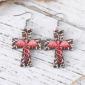 Holz Kreuz Leopard Krankenschwester Engel Ohrringe, stilvolles Festival Modeschmuck Geschenk.