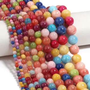Perles rondes en imitation de jade colorées pour fabrication de bijoux faits à la main DIY.