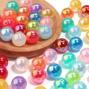 Acrylic Colorful Plated Round Beads Iridescent Moonstone Style Loose Spacer Beads for DIY Jewelry Making Crafting Pen Beads