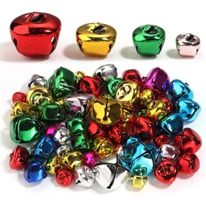 Colorful metal jingle bells set, assorted sizes and vibrant painted finish for DIY crafts.