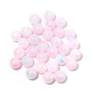 Acrylic AB iridescent round beads close-up, pink aurora loose beads for DIY handmade jewelry.