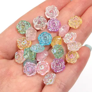 Detailed close-up of colorful AB iridescent acrylic rose flower loose beads for DIY jewelry making.