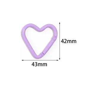 Purple heart shaped alloy carabiner spring clip snap hook for bags, lanyards and keychains.