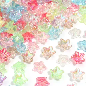 Detailed close-up of colorful iridescent acrylic flower beads, perfect for DIY jewelry and crafts.