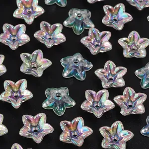 Acrylic transparent AB color five-petal flower loose beads detail view for DIY handmade jewelry accessories.