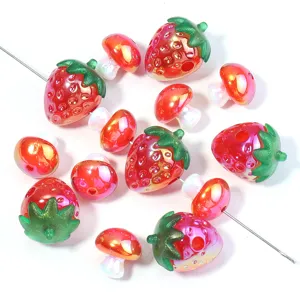 Colorful acrylic strawberry and mushroom loose beads for DIY jewelry making and craft accessories.