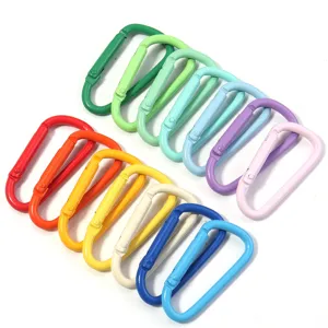 Colorful alloy D-ring carabiners detail view, smooth paint finish, durable spring hook for DIY.