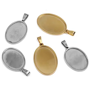 Stainless steel oval pendant blanks DIY cabochon settings jewelry making trays 5pcs
