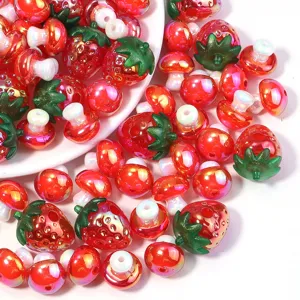 Acrylic strawberry and mushroom beads, colorful iridescent DIY jewelry making loose charms.