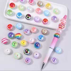 Striped Resin Beads Rainbow Candy Style DIY Jewelry Making Accessories Colorful Electroplated Round Loose Beads For Handcrafted Crafts Pens