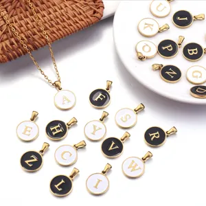 Stainless steel uppercase letter pendant black and white enamel alphabet DIY charm necklace jewelry.