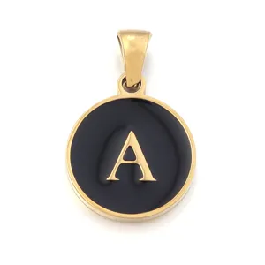 Stainless steel round letter pendant with black enamel finish, minimalist DIY jewelry charm.