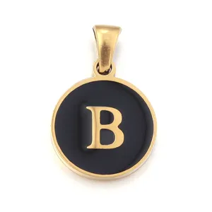 Stainless steel letter B pendant, minimalist black enamel round charm for DIY jewelry making.