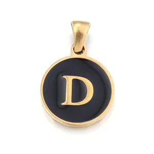 Closeup detail view of the minimalist stainless steel gold letter D pendant charm accessory.